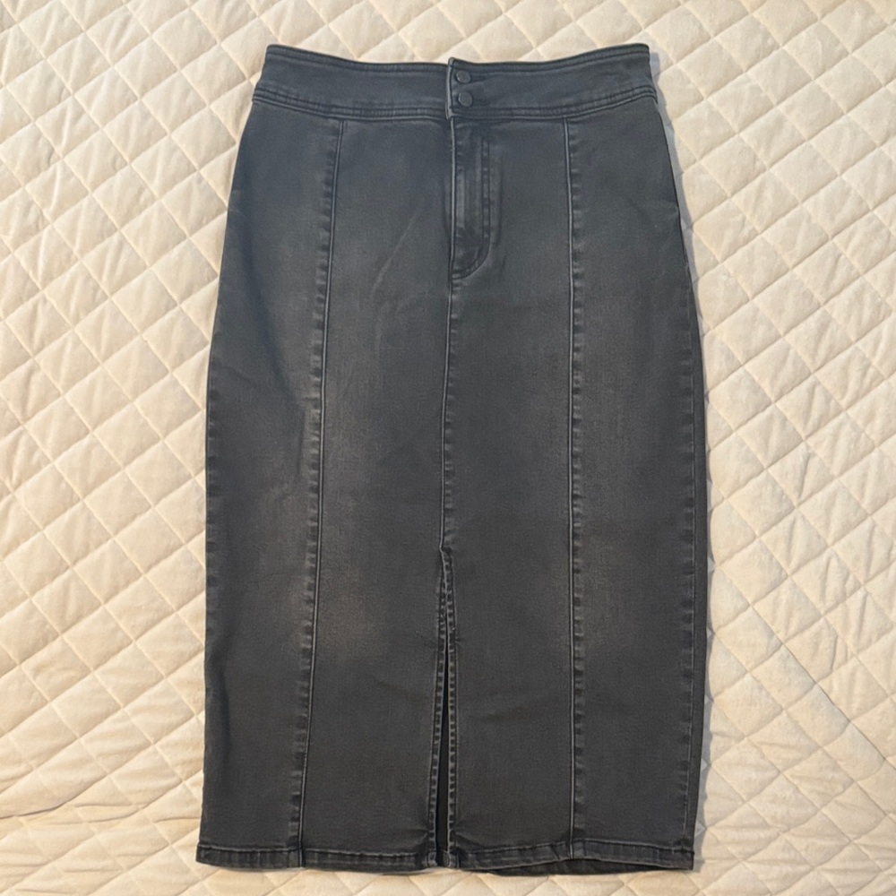 Free People We The Free Maddie Denim Midi Skirt Front Slit Gray